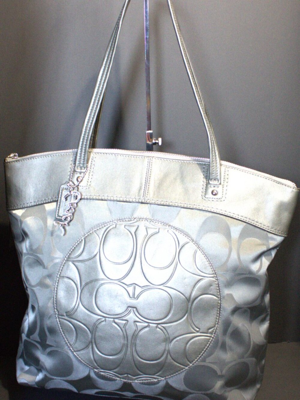 Coach, Ashley In Metallic Silver, Jacquard Leather, Bag Charms, Silver Hardware